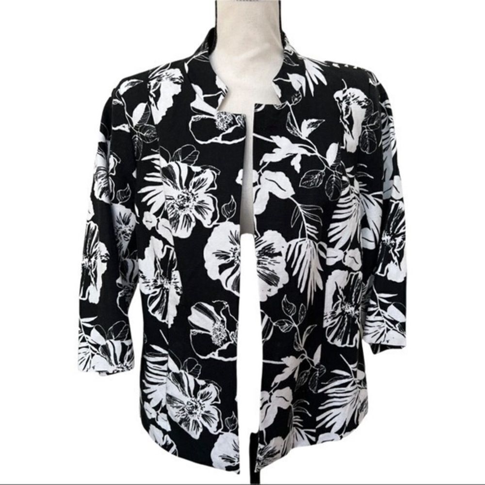 SILK LAND WOMENS Large JACKET BLACK WHITE 3/4 SLEEVE SHOULDER PADS LINED
